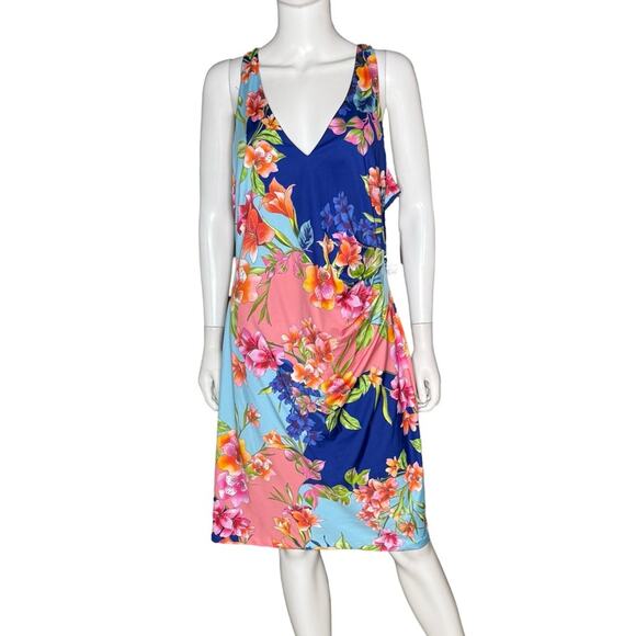 Guess Women’s Floral V-Neck Cocktail And Party Dress Blue Coral Sz 16 NWT - Picture 2 of 8